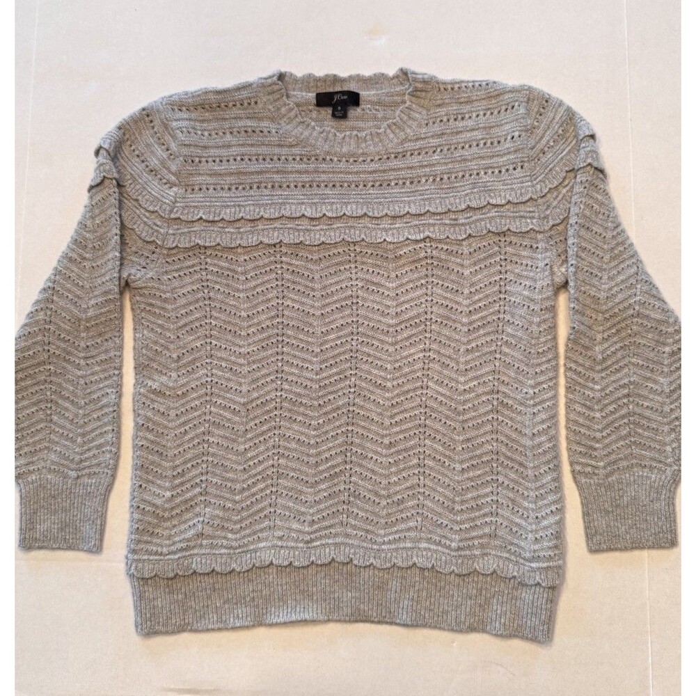 J.CREW Scalloped Pointelle Gray Ruffle Crew Neck Sweater Size Small (Bx 22)